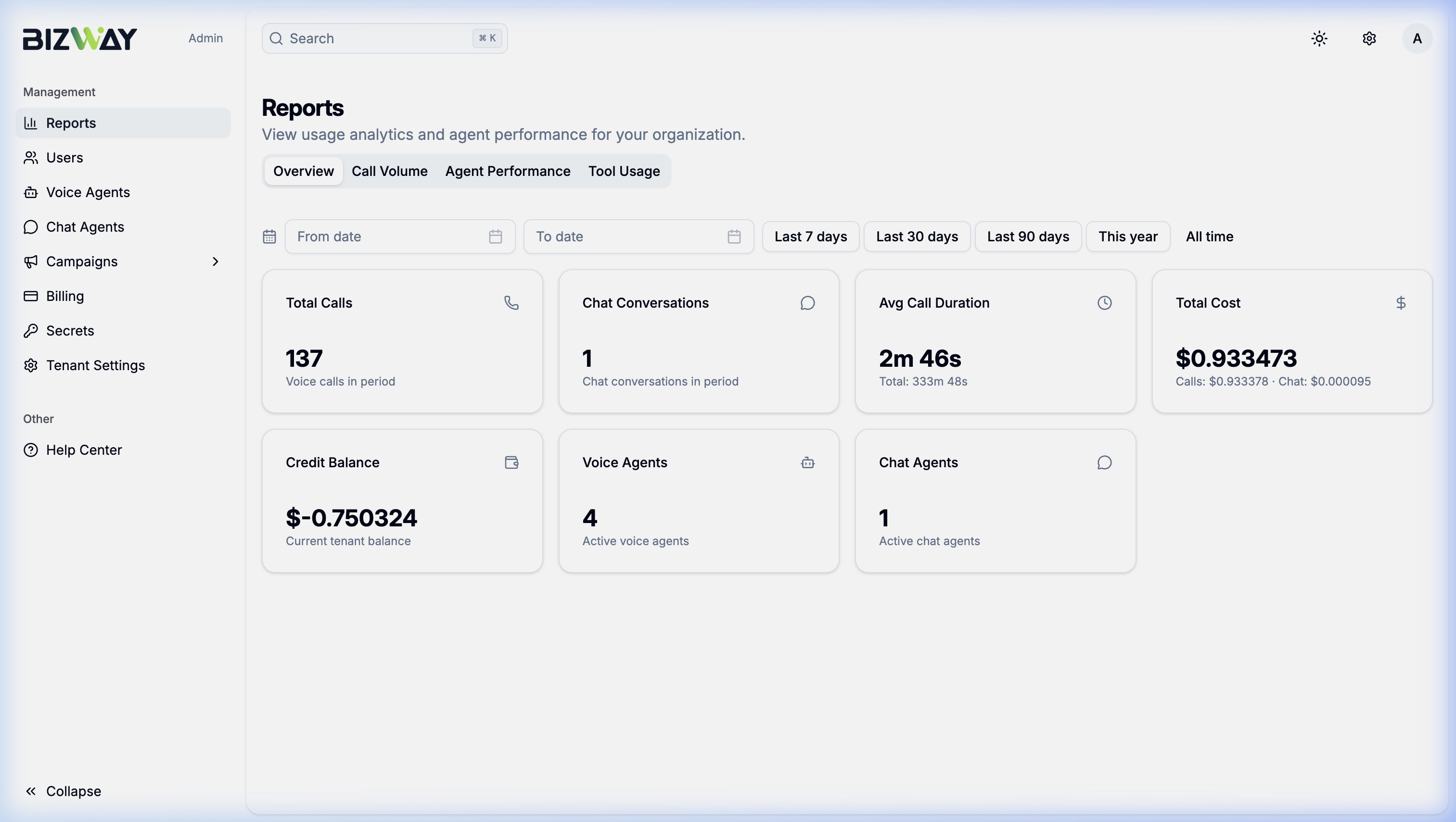 Bizway Reports Dashboard with analytics overview