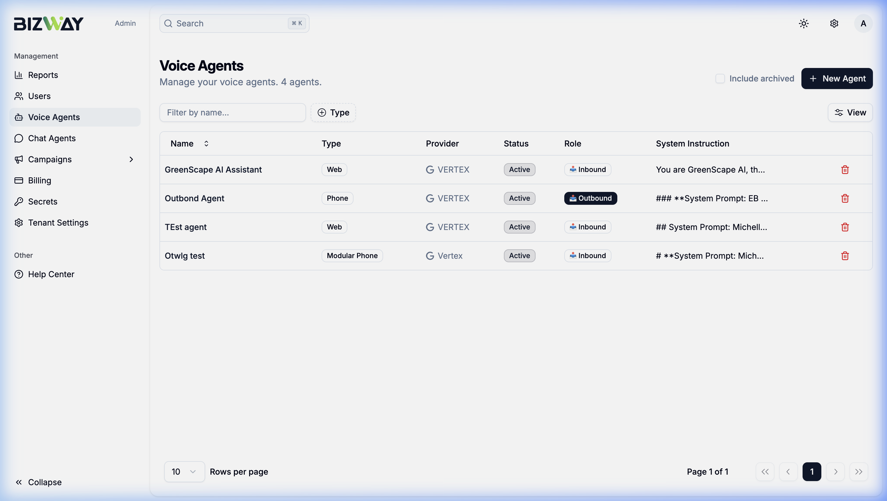Voice Agents management with status overview