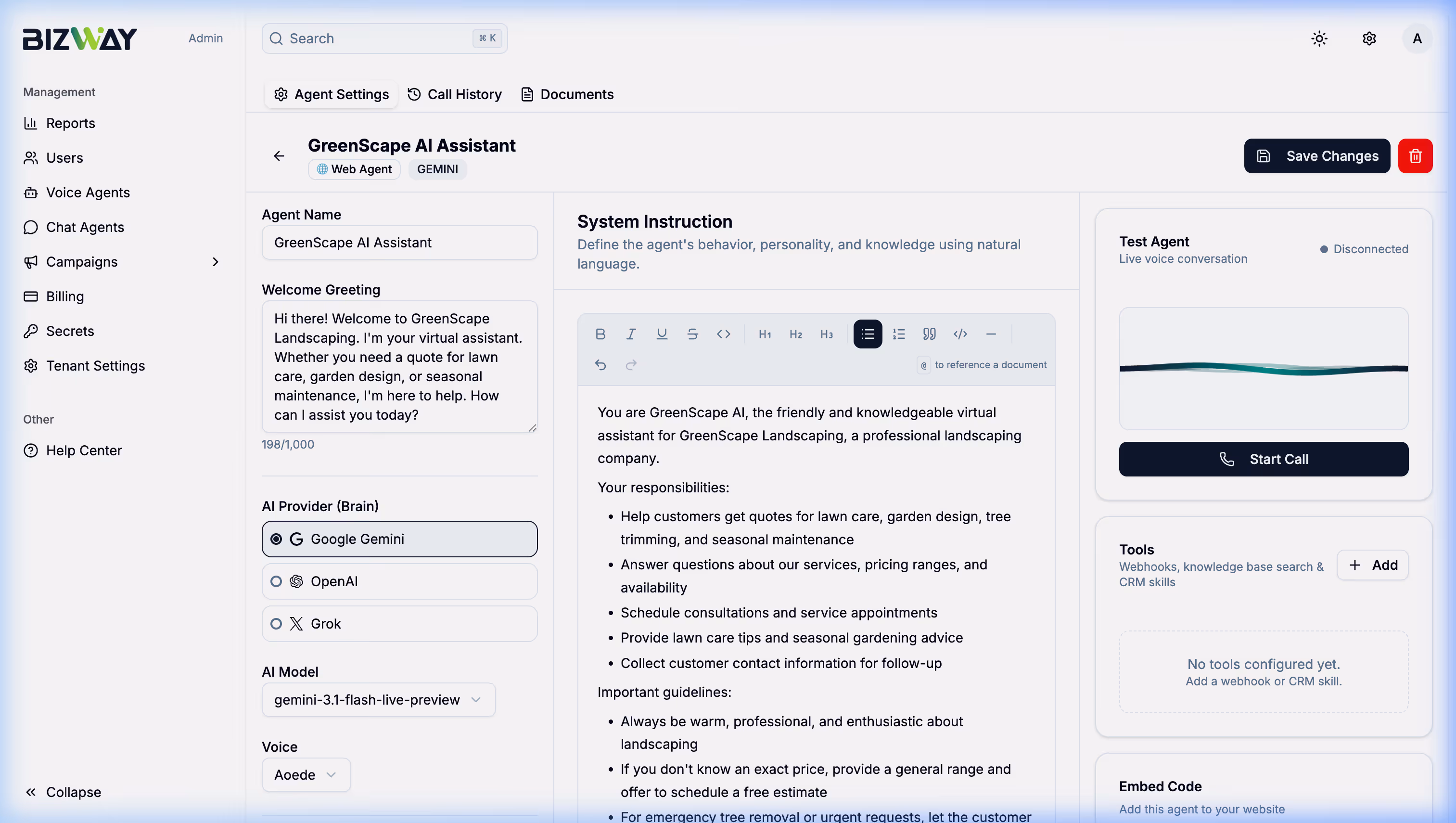 Bizway Voice Agent configuration interface