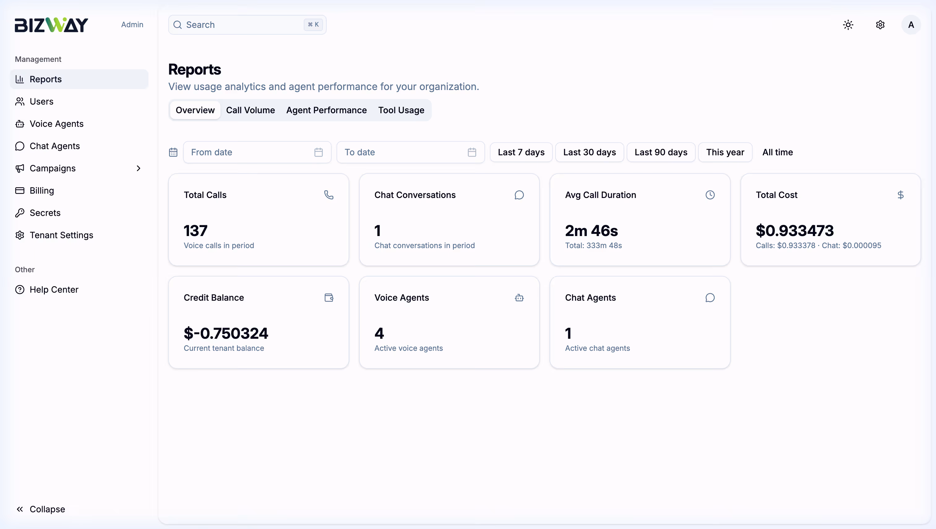 Bizway Command Center showing active sessions and analytics