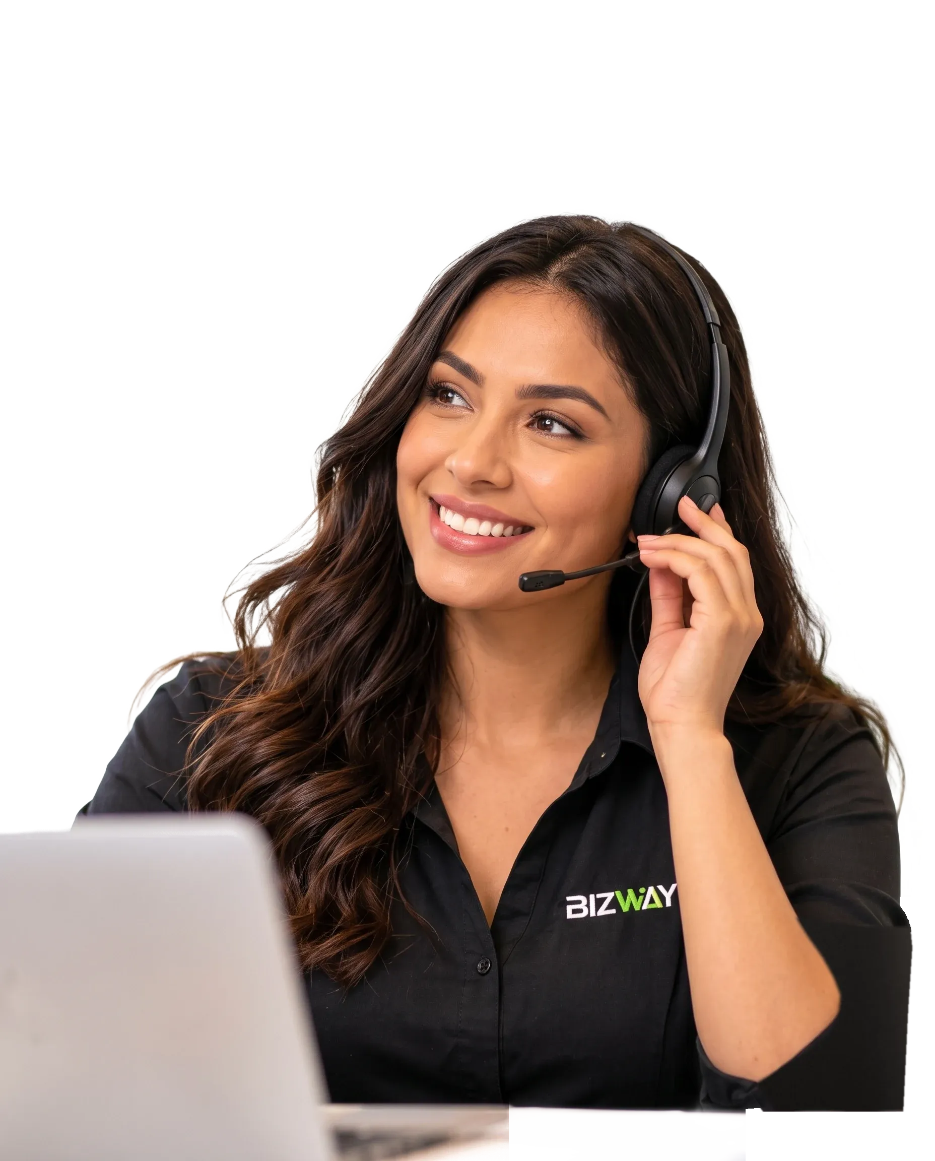 Smiling Bizway agent on a call with a headset at her desk